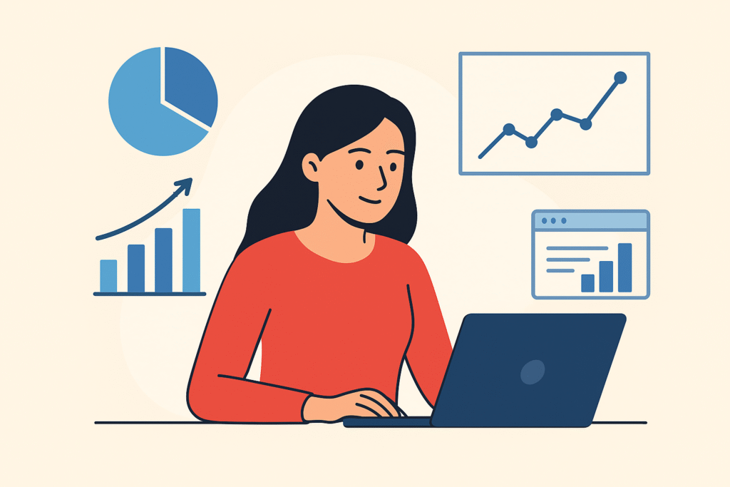 A woman working on a laptop surrounded by data charts and analytics graphs, representing website data tracking and performance analysis