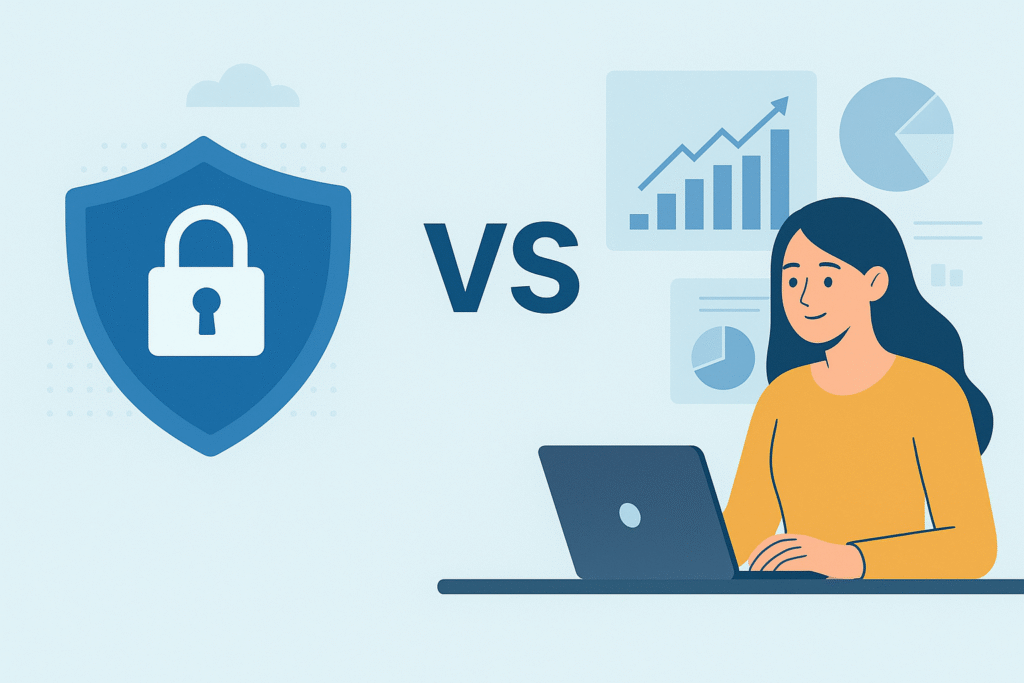 A digital illustration showing a blue security shield with a padlock on the left and a woman using a laptop on the right, surrounded by simple analytics charts and graphs, representing the contrast between privacy and performance
